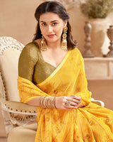 Vishal Prints Mustard Designer Patterned Chiffon Saree With Foil Print And Tassel