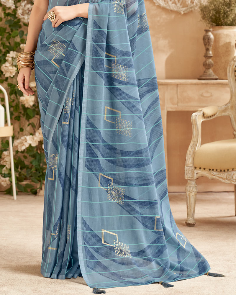 Vishal Prints Dark Pastel Blue Designer Patterned Chiffon Saree With Foil Print And Tassel