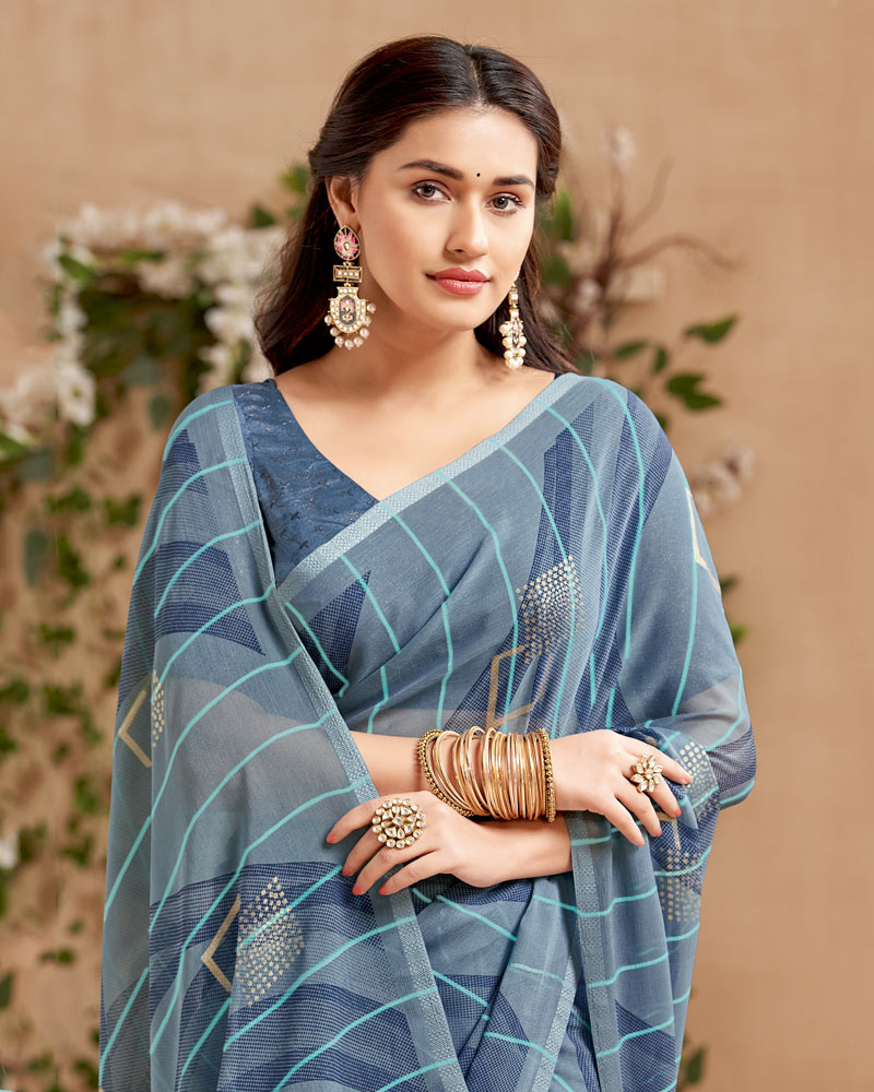 Vishal Prints Dark Pastel Blue Designer Patterned Chiffon Saree With Foil Print And Tassel