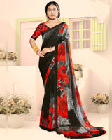 Vishal Prints Black And Lava Red Digital Print Georgette Saree