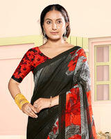 Vishal Prints Black And Lava Red Digital Print Georgette Saree