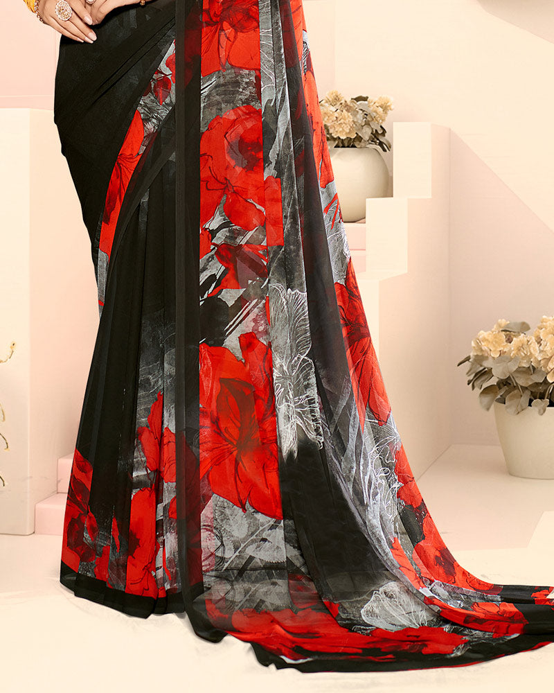 Vishal Prints Black And Lava Red Digital Print Georgette Saree