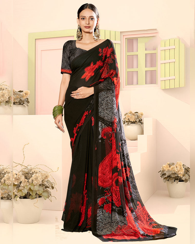 Vishal Prints Black And Persian Red Digital Print Georgette Saree