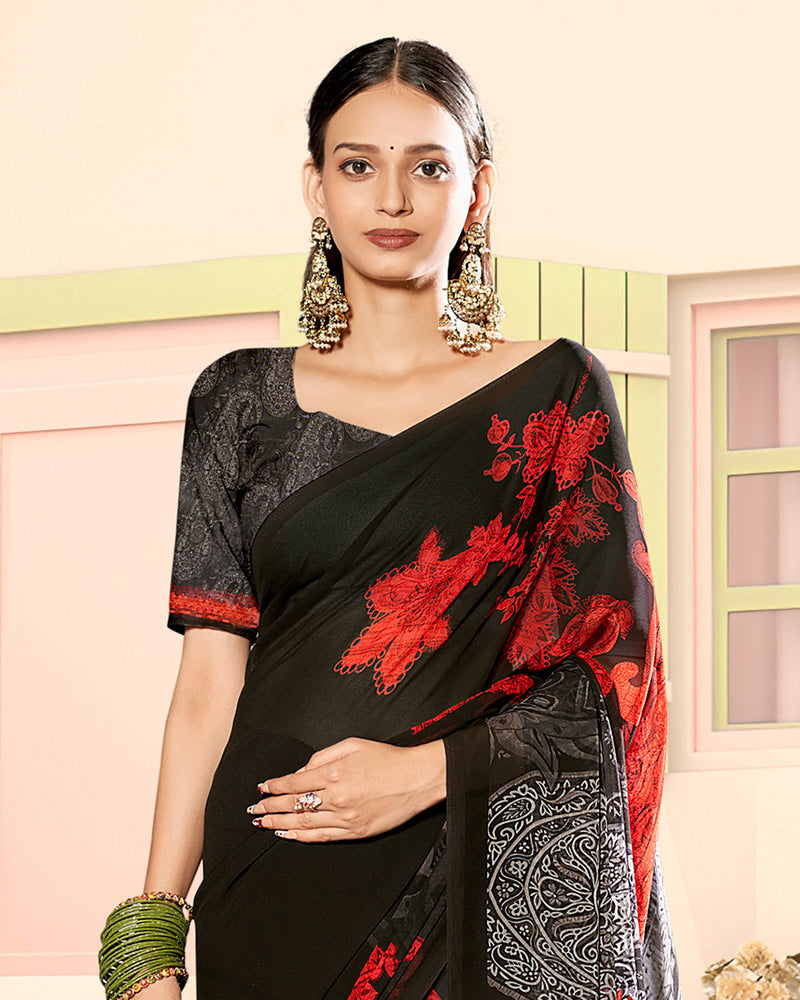 Vishal Prints Black And Persian Red Digital Print Georgette Saree