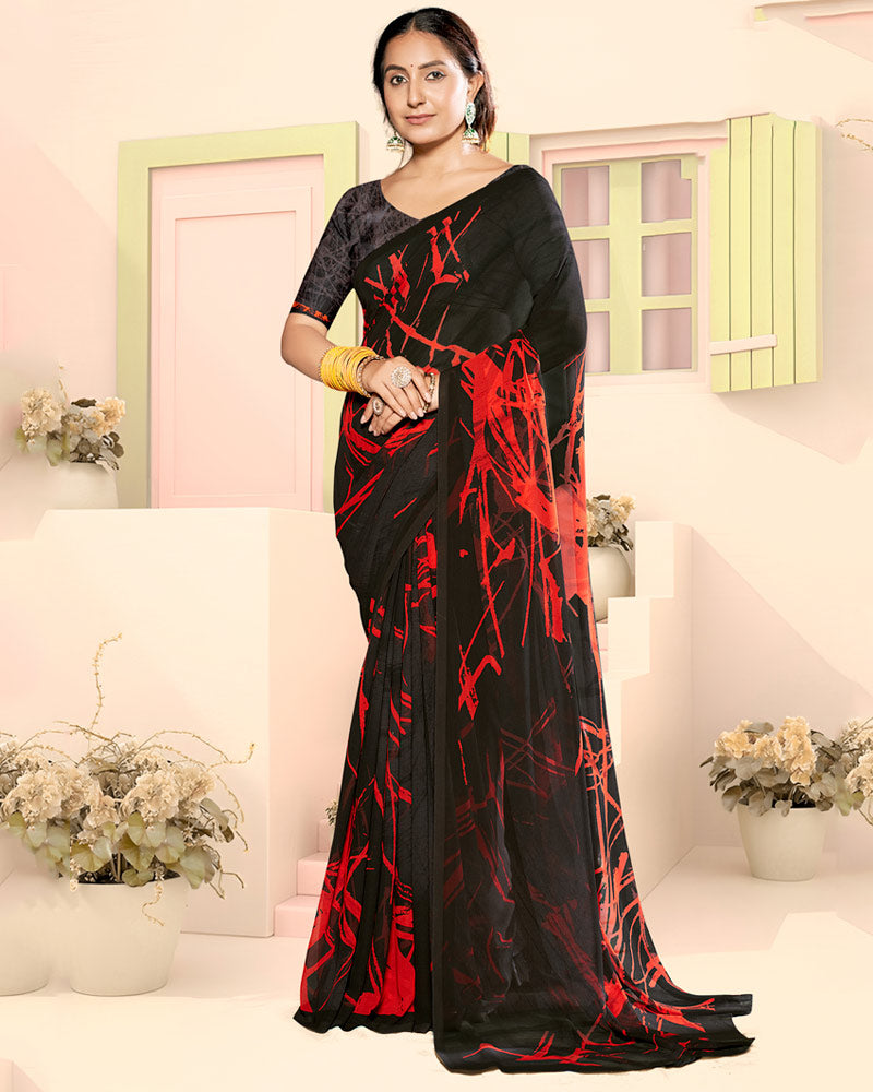 Vishal Prints Black And Shiraz Red Digital Print Georgette Saree