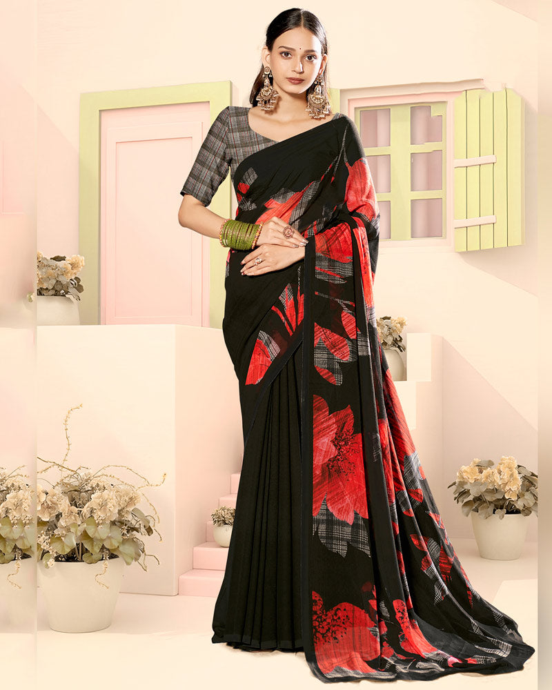 Vishal Prints Black And Milano Red Digital Print Georgette Saree