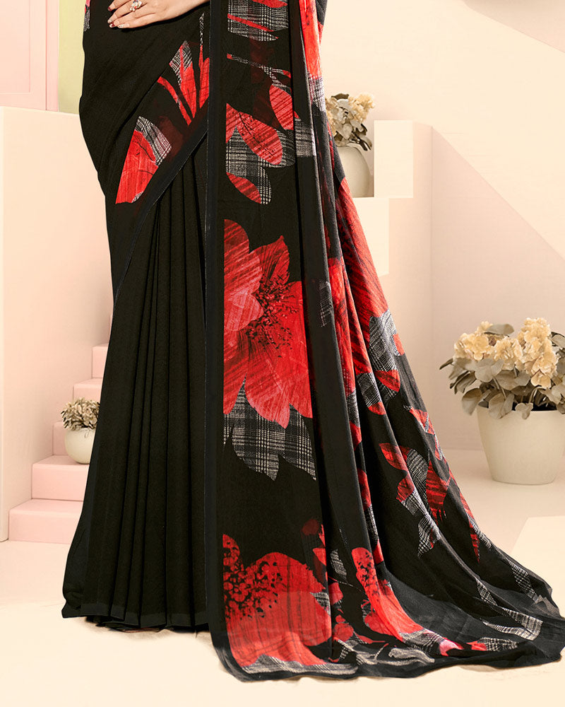 Vishal Prints Black And Milano Red Digital Print Georgette Saree