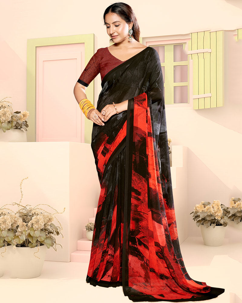 Vishal Prints Black And Chili Red Digital Print Georgette Saree