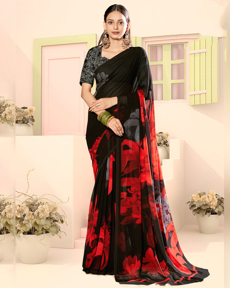 Vishal Prints Black And Scarlet Red Digital Print Georgette Saree