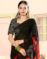 Vishal Prints Black And Scarlet Red Digital Print Georgette Saree
