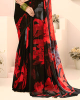Vishal Prints Black And Scarlet Red Digital Print Georgette Saree