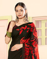 Vishal Prints Black And Dark Red Digital Print Georgette Saree