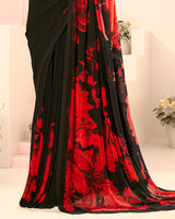 Vishal Prints Black And Dark Red Digital Print Georgette Saree