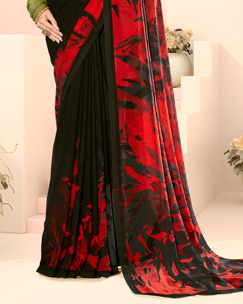 Vishal Prints Black And Cornell Red Digital Print Georgette Saree