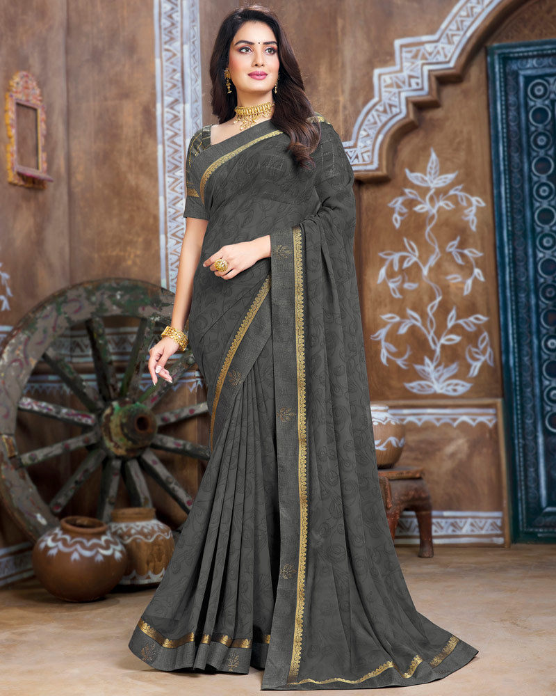 Vishal Prints Dark Grey Georgette Saree With Fancy Border