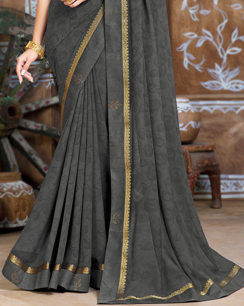 Vishal Prints Dark Grey Georgette Saree With Fancy Border