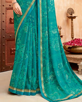 Vishal Prints Teal Green Printed Georgette Saree With Foil Print And Zari Border