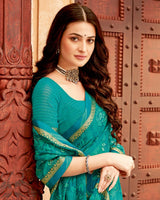 Vishal Prints Teal Green Printed Georgette Saree With Foil Print And Zari Border