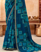 Vishal Prints Blue Whale Printed Georgette Saree With Foil Print And Zari Border
