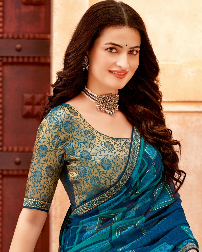 Vishal Prints Blue Whale Printed Georgette Saree With Foil Print And Zari Border