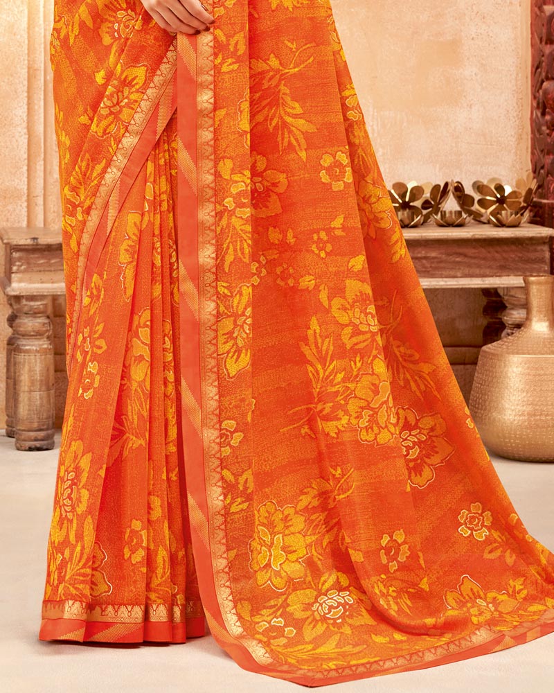 Vishal Prints Dark Orange Printed Georgette Saree With Foil Print And Zari Border
