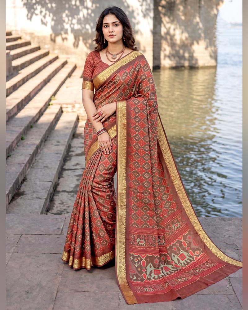 Vishal Prints Rusty Red Digital Print Criva Moss Saree With Zari Weaving
