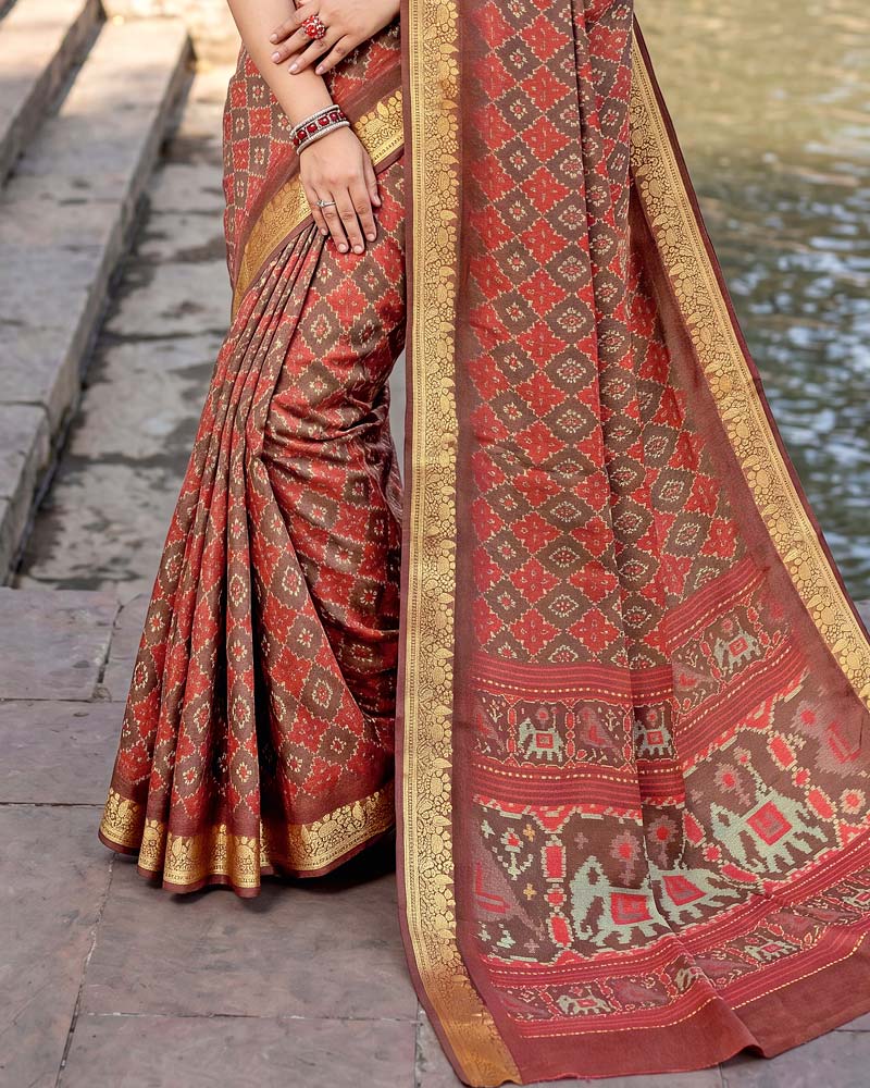 Vishal Prints Rusty Red Digital Print Criva Moss Saree With Zari Weaving
