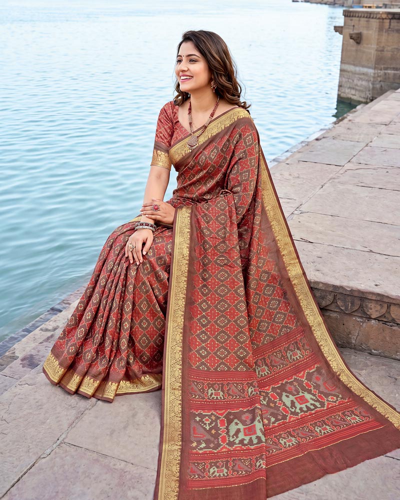 Vishal Prints Rusty Red Digital Print Criva Moss Saree With Zari Weaving