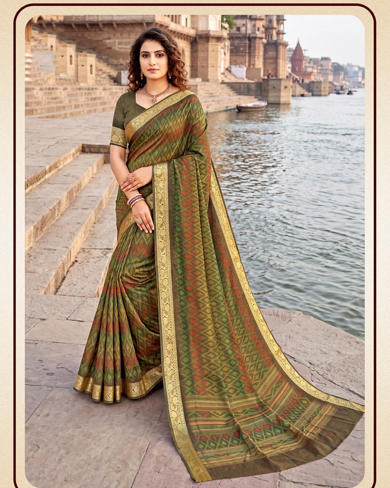 Vishal Prints Multi Green Digital Print Criva Moss Saree With Zari Weaving