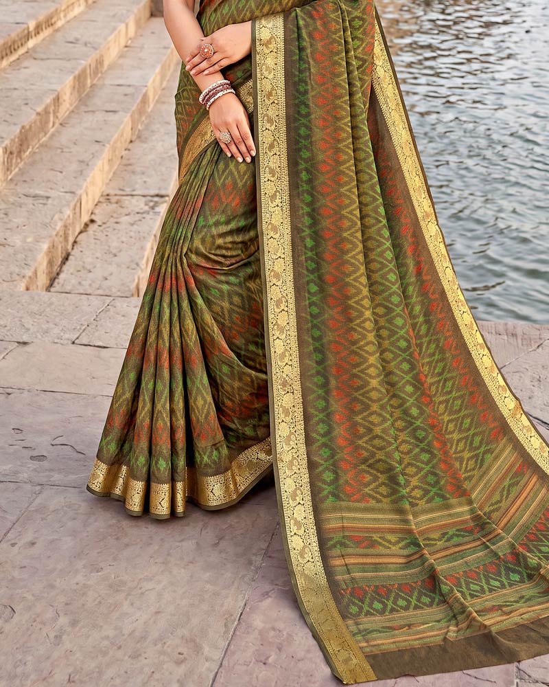 Vishal Prints Multi Green Digital Print Criva Moss Saree With Zari Weaving