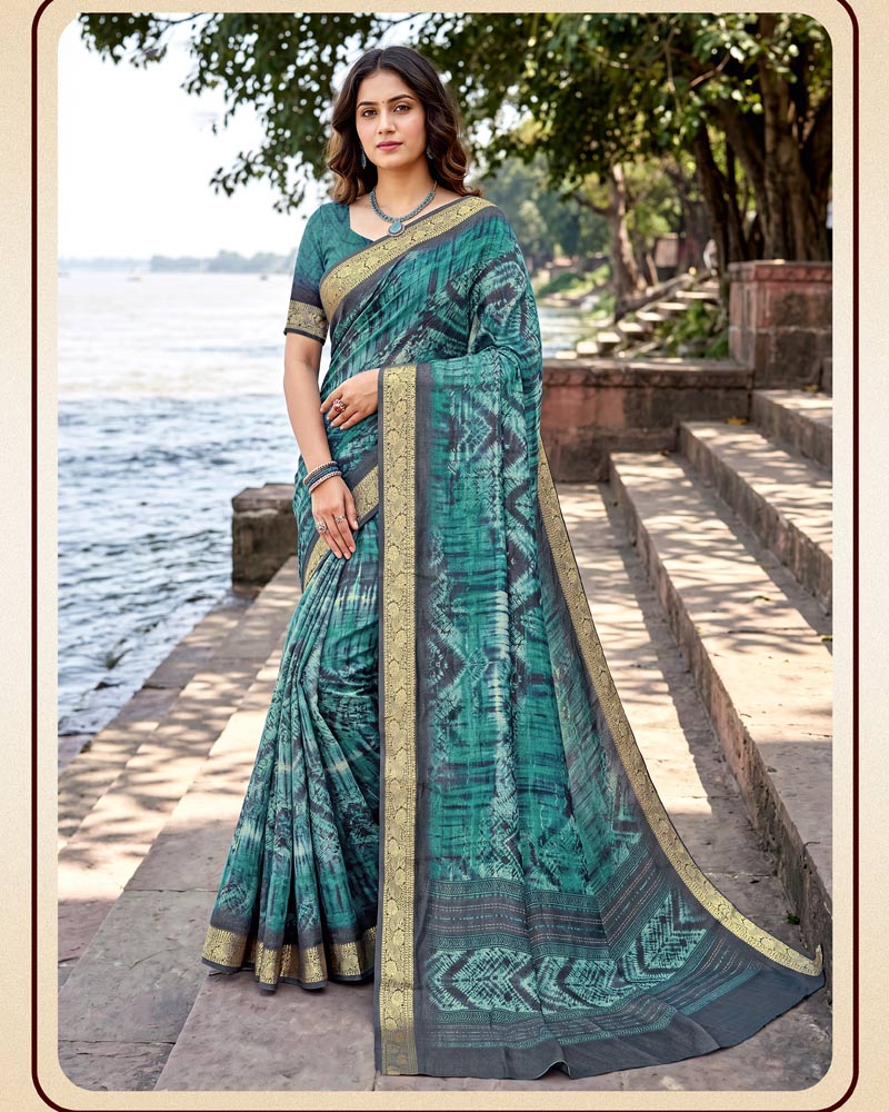 Vishal Prints Dusty Teal Green Digital Print Criva Moss Saree With Zari Weaving