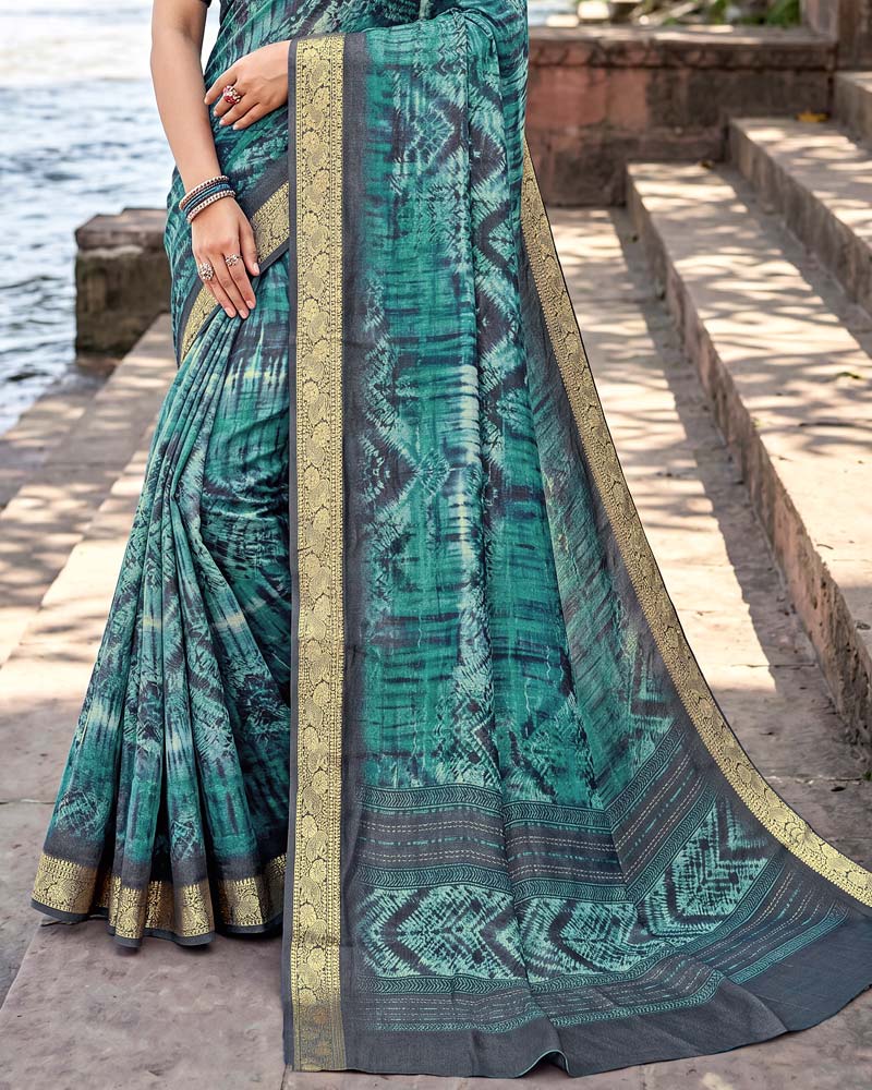 Vishal Prints Dusty Teal Green Digital Print Criva Moss Saree With Zari Weaving