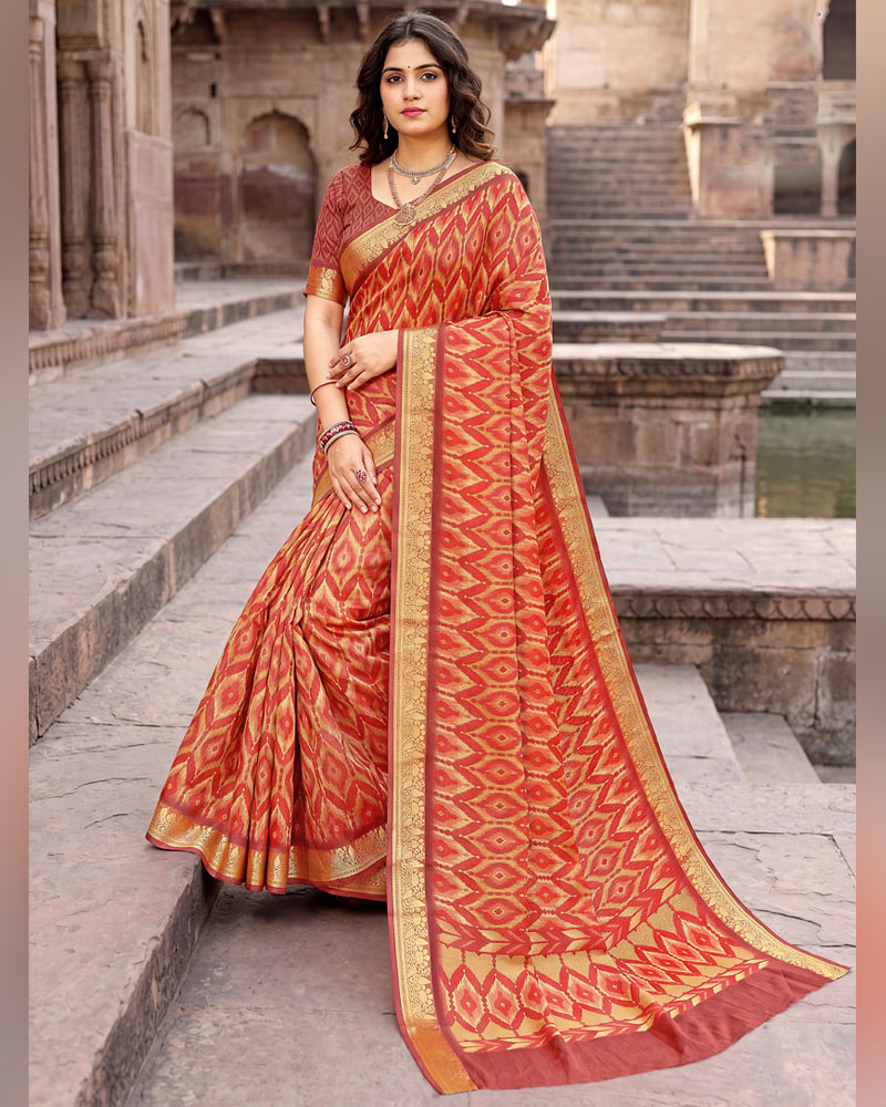 Vishal Prints Reddish Orange Digital Print Criva Moss Saree With Zari Weaving