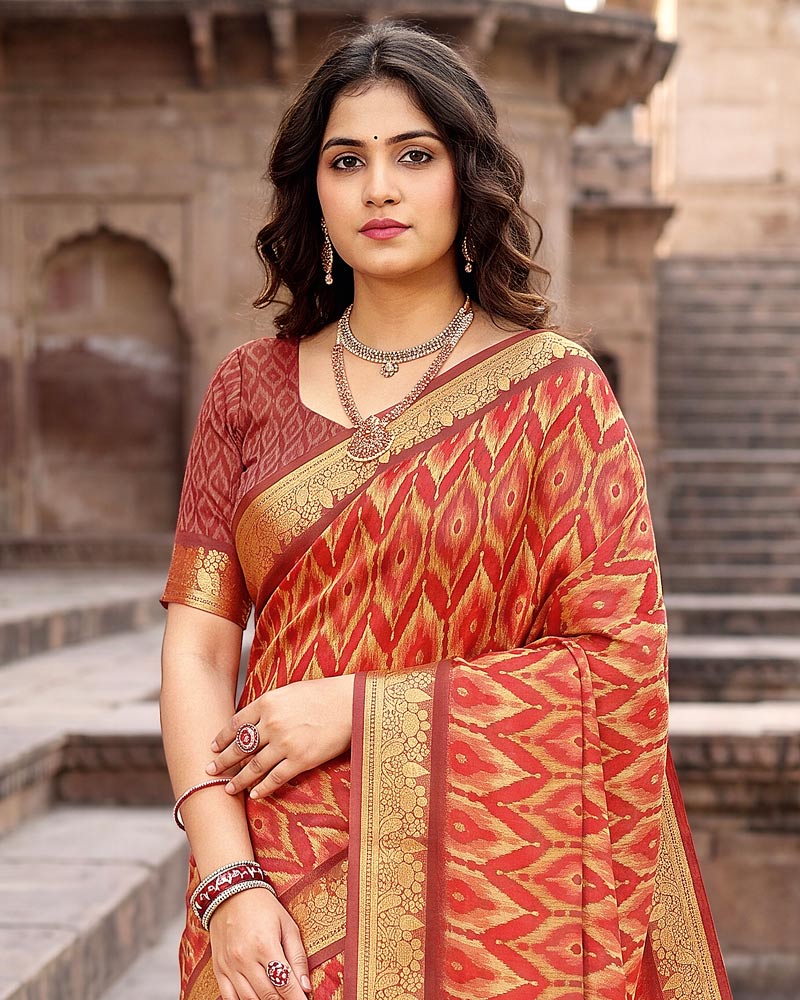 Vishal Prints Reddish Orange Digital Print Criva Moss Saree With Zari Weaving