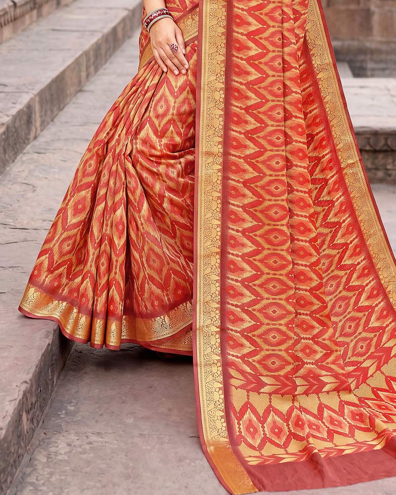 Vishal Prints Reddish Orange Digital Print Criva Moss Saree With Zari Weaving