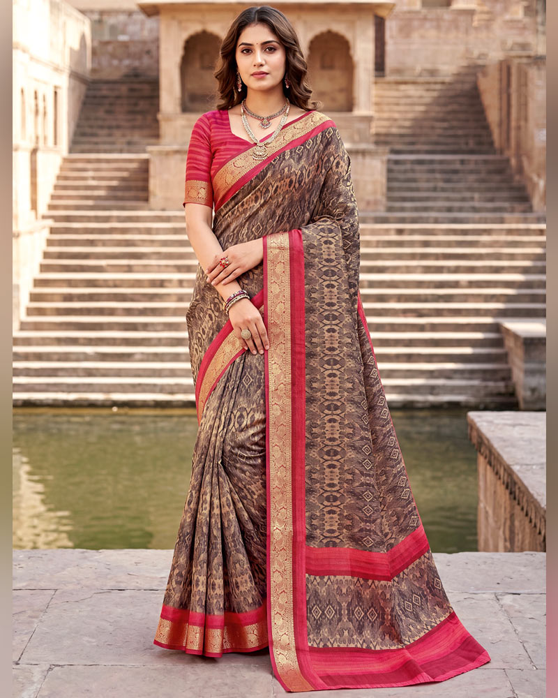 Vishal Prints Dark Brown-Purple Digital Print Criva Moss Saree With Zari Weaving