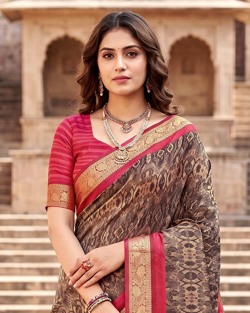 Vishal Prints Dark Brown-Purple Digital Print Criva Moss Saree With Zari Weaving