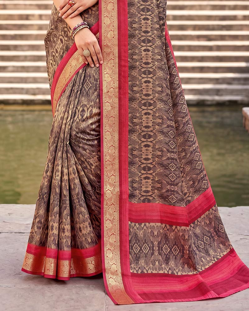 Vishal Prints Dark Brown-Purple Digital Print Criva Moss Saree With Zari Weaving
