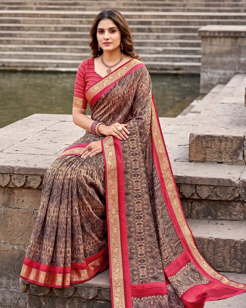 Vishal Prints Dark Brown-Purple Digital Print Criva Moss Saree With Zari Weaving