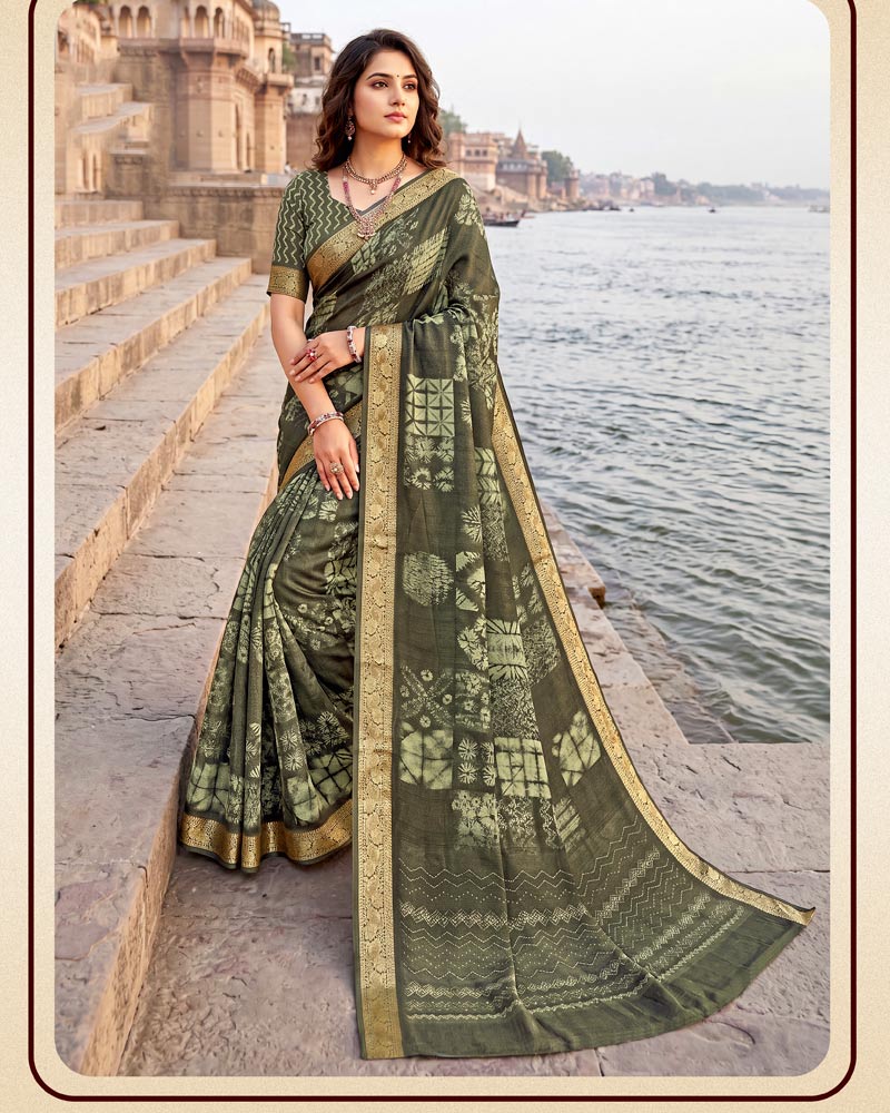 Vishal Prints Dark Greyish Green Digital Print Criva Moss Saree With Zari Weaving