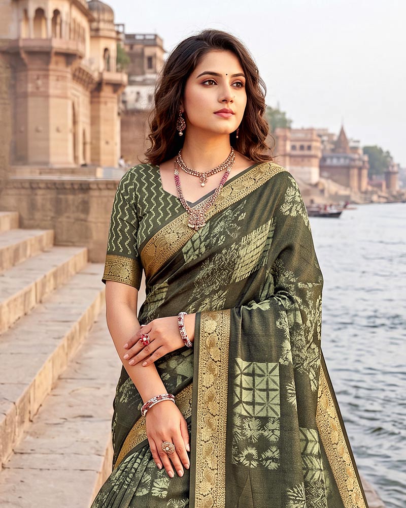 Vishal Prints Dark Greyish Green Digital Print Criva Moss Saree With Zari Weaving