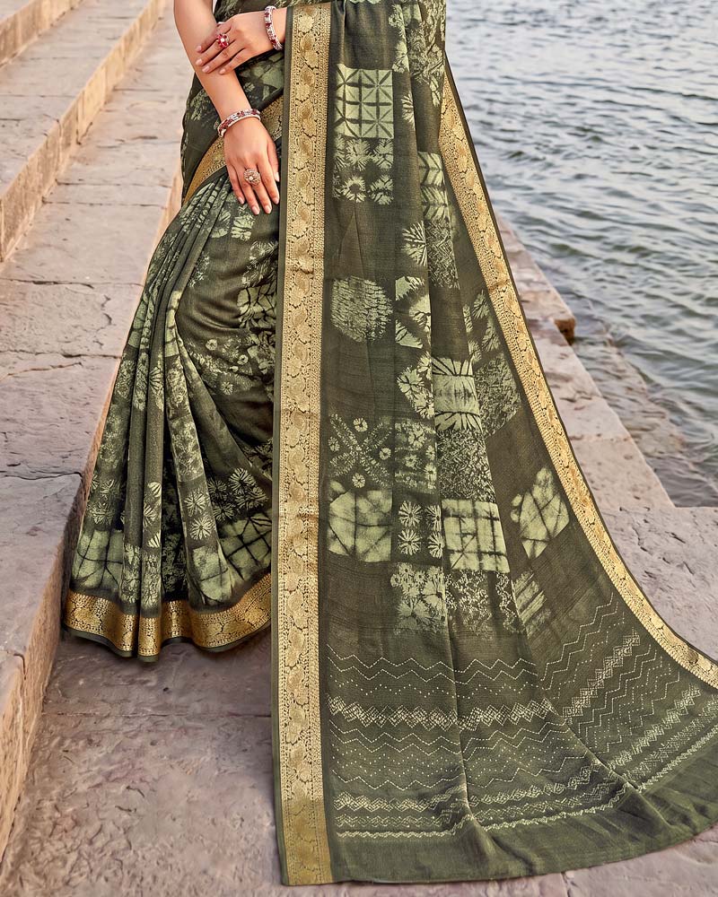 Vishal Prints Dark Greyish Green Digital Print Criva Moss Saree With Zari Weaving