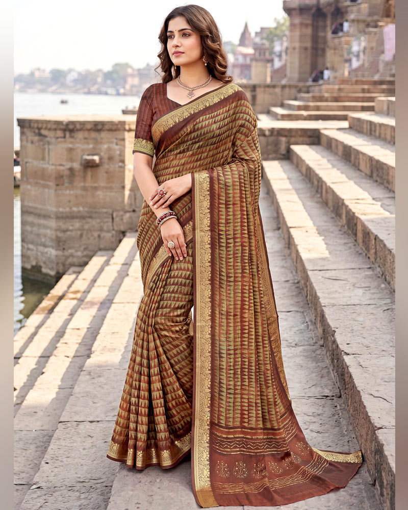 Vishal Prints Deep Coffee Brown Digital Print Criva Moss Saree With Zari Weaving