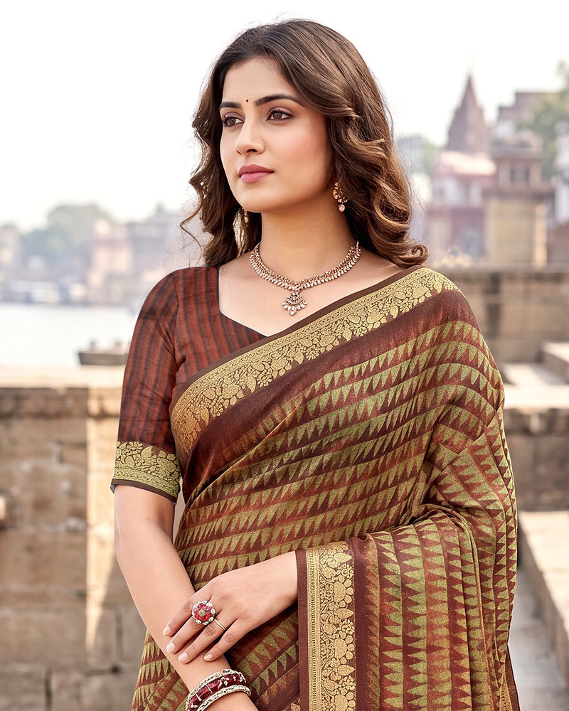 Vishal Prints Deep Coffee Brown Digital Print Criva Moss Saree With Zari Weaving