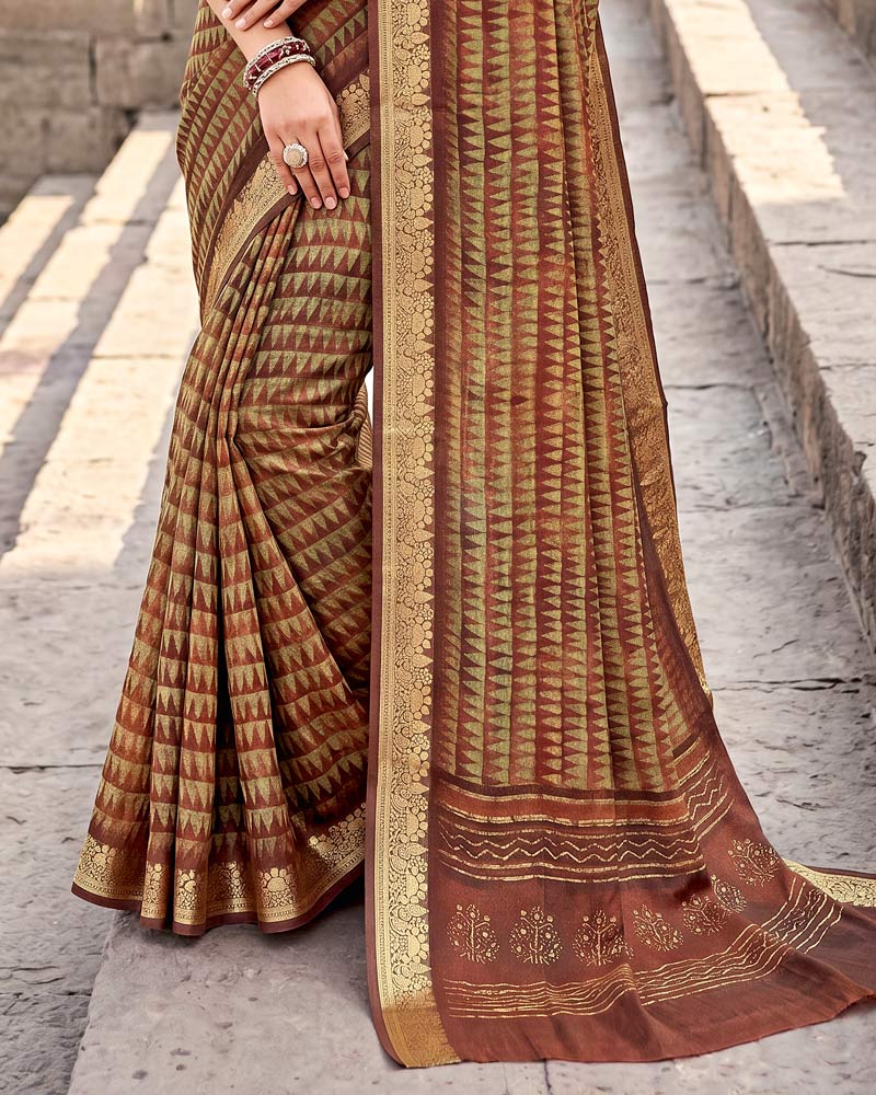 Vishal Prints Deep Coffee Brown Digital Print Criva Moss Saree With Zari Weaving