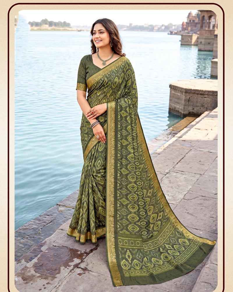 Vishal Prints Dark Finch Green Digital Print Criva Moss Saree With Zari Weaving