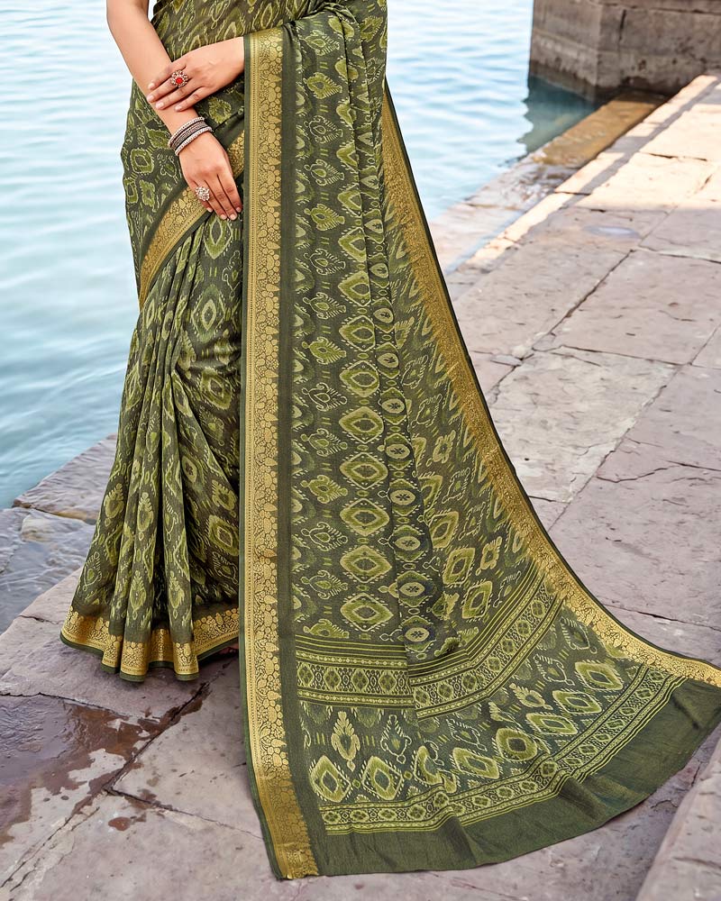 Vishal Prints Dark Finch Green Digital Print Criva Moss Saree With Zari Weaving