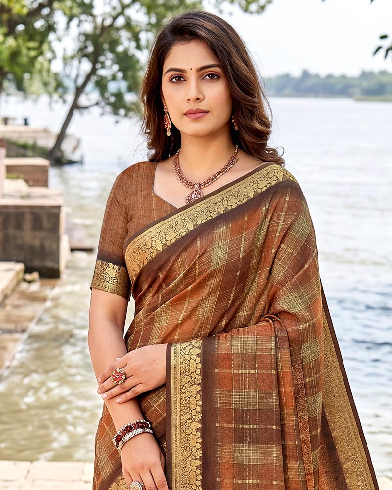 Vishal Prints Rusty Brown Digital Print Criva Moss Saree With Zari Weaving