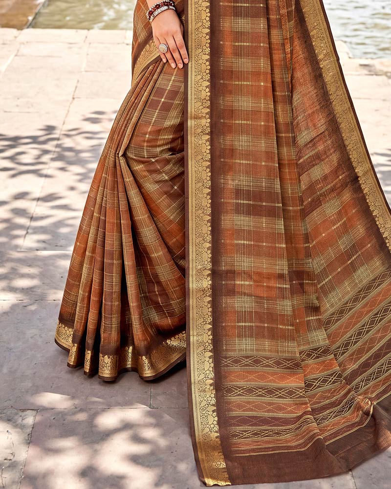 Vishal Prints Rusty Brown Digital Print Criva Moss Saree With Zari Weaving