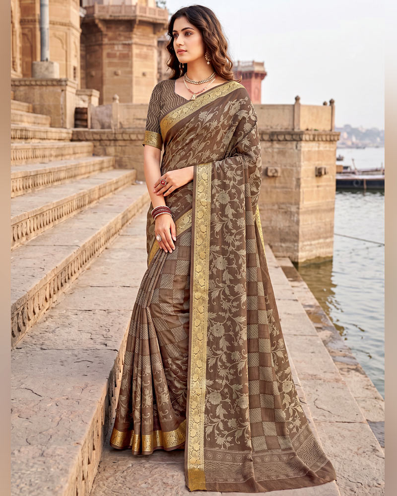 Vishal Prints Tobacco Brown Digital Print Criva Moss Saree With Zari Weaving